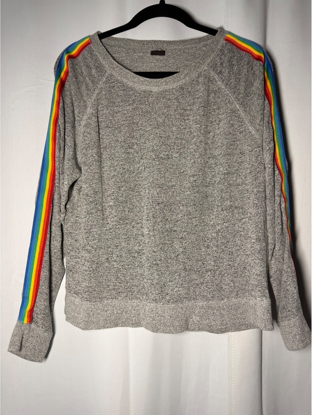 Free Press Women's Grey Sweatshirt and Shorts Lounge Set with Rainbow Stripe - Picture 2 of 7